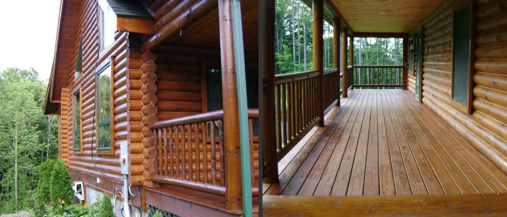 Log house front and porch stained